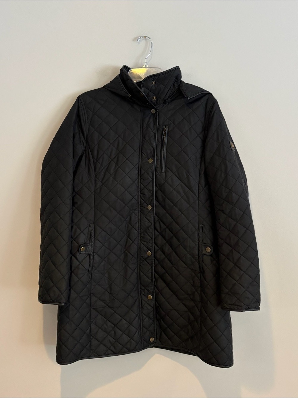 Lauren Ralph Lauren Black Quilted Coat with Gold Chain Print Lining Size L